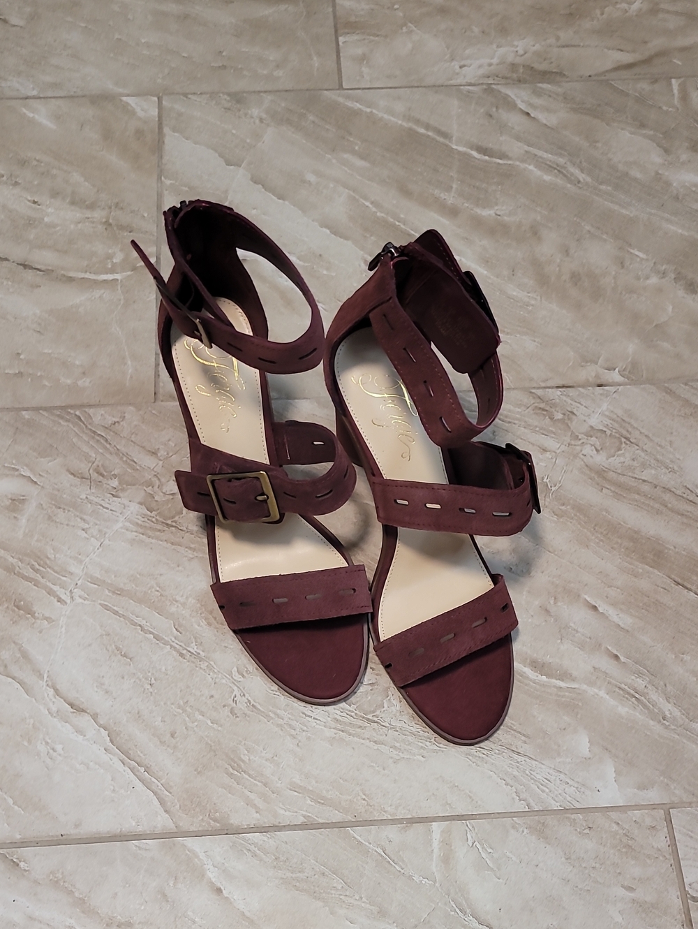 Strappy Burgundy Block Heel Sandals with Ankle Buckle